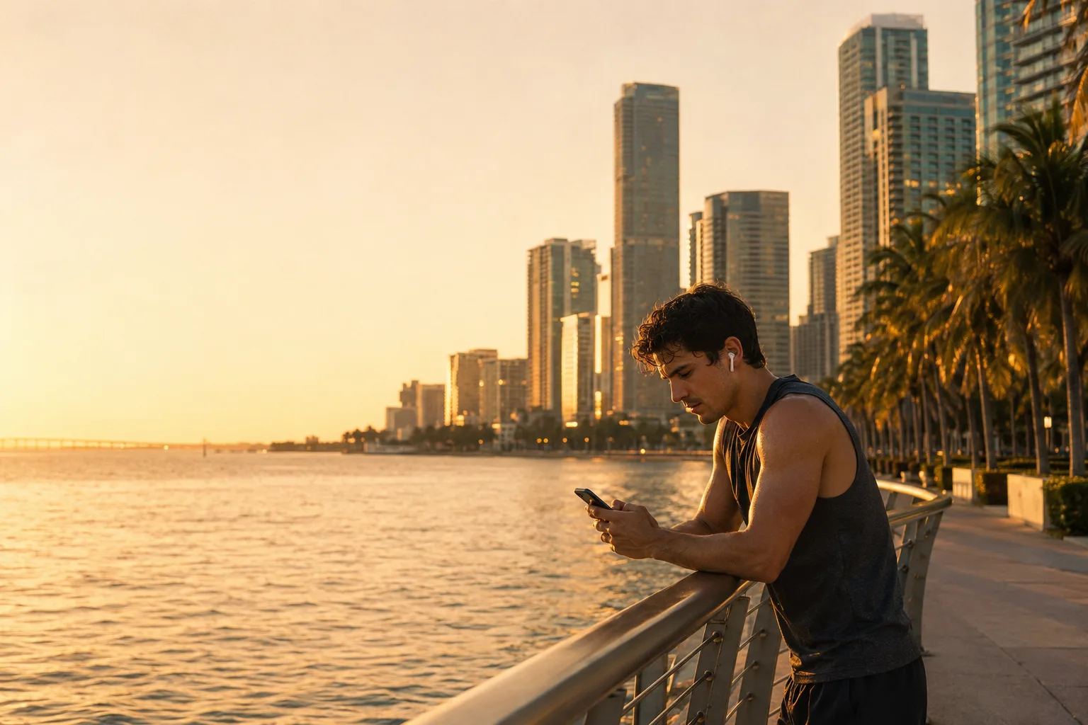 A runner leaning on the baywalk railing at sunset, reading something on his phone, the Brickell skyline behind him
