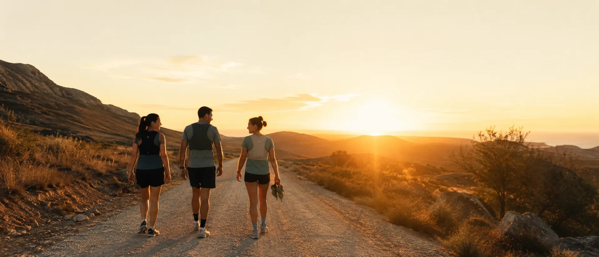 Three friends walking down a trail at golden hour after a run