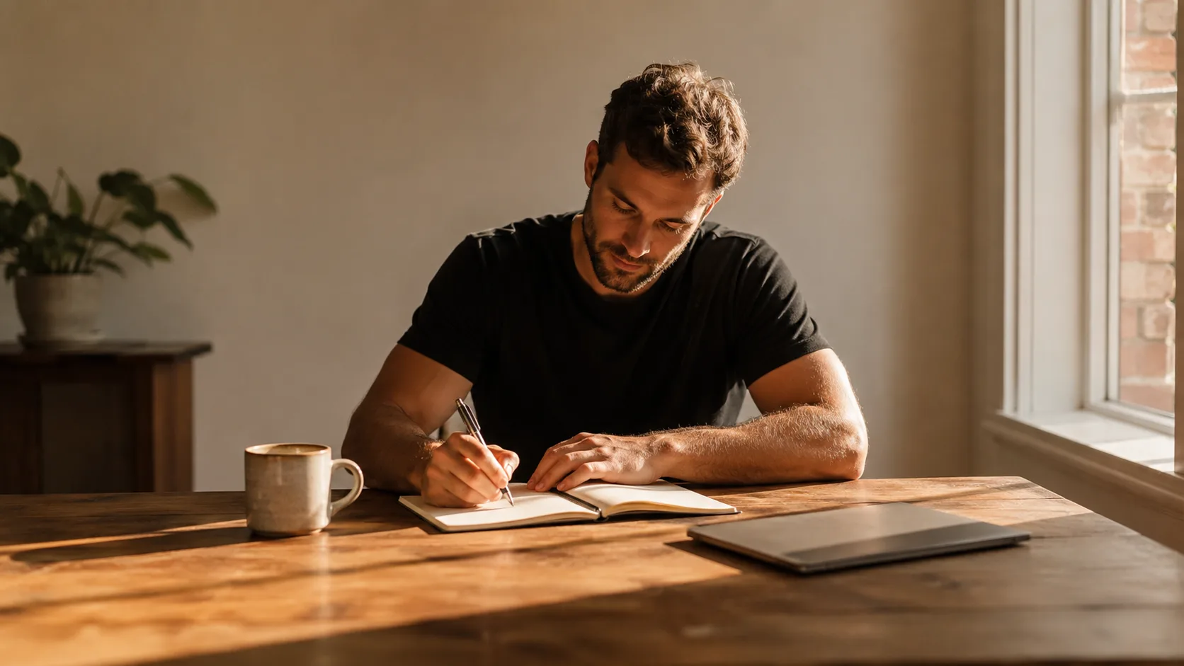 A man writing in a notebook at a sunlit desk