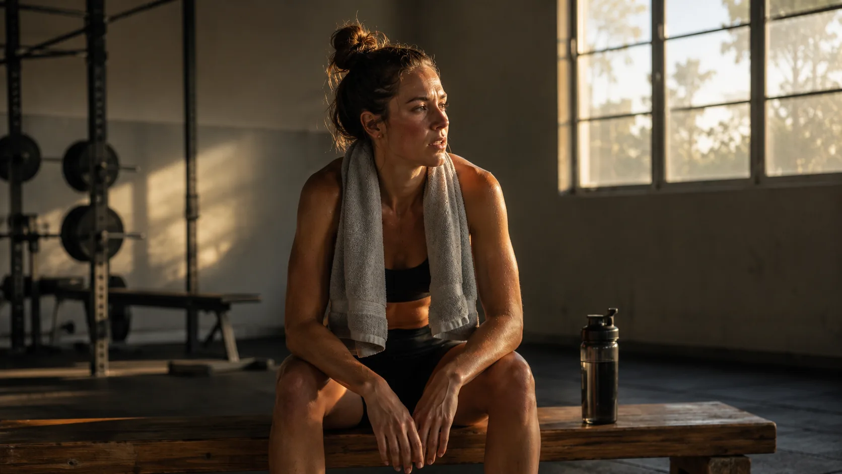 A woman catching her breath on a gym bench after a session
