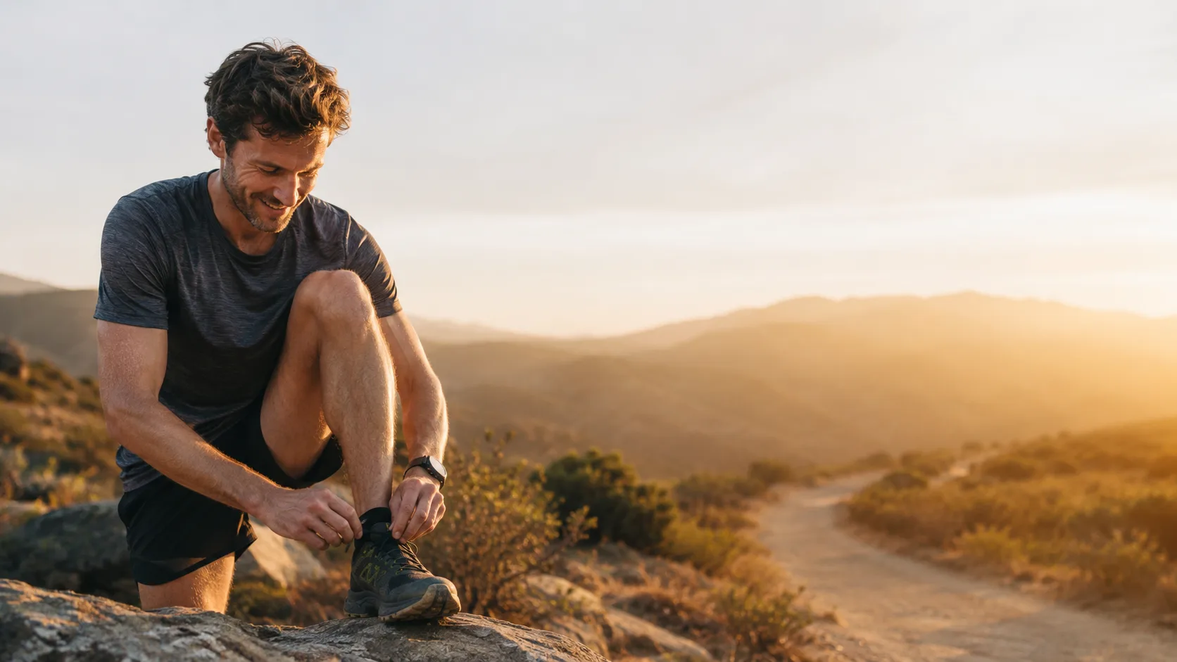 A runner pausing at a trailhead in early morning light