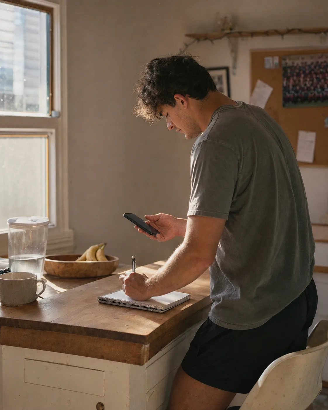 A young man at a kitchen counter in morning light, phone in one hand, writing a number in a notebook