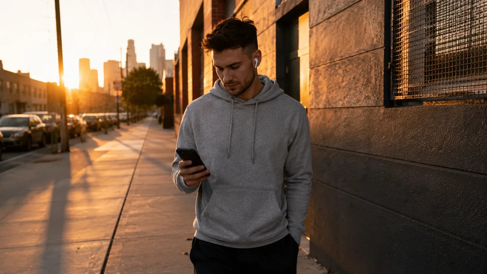 A man checking his phone on a golden-hour morning walk