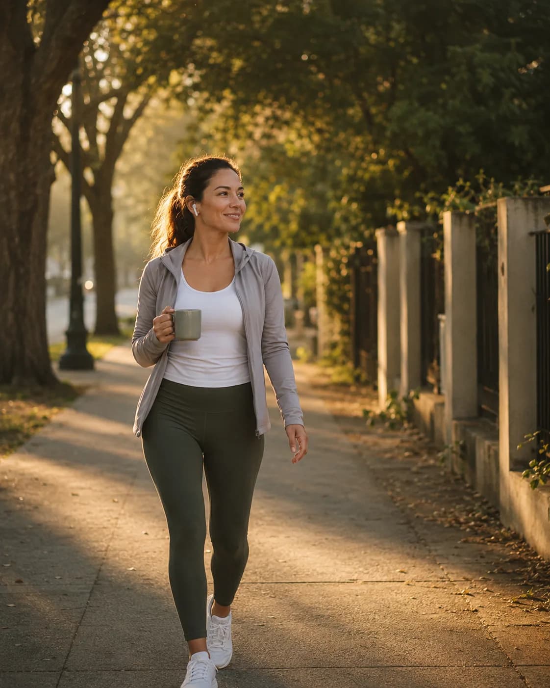 A woman walking with a coffee on a tree-lined sidewalk in the early morning