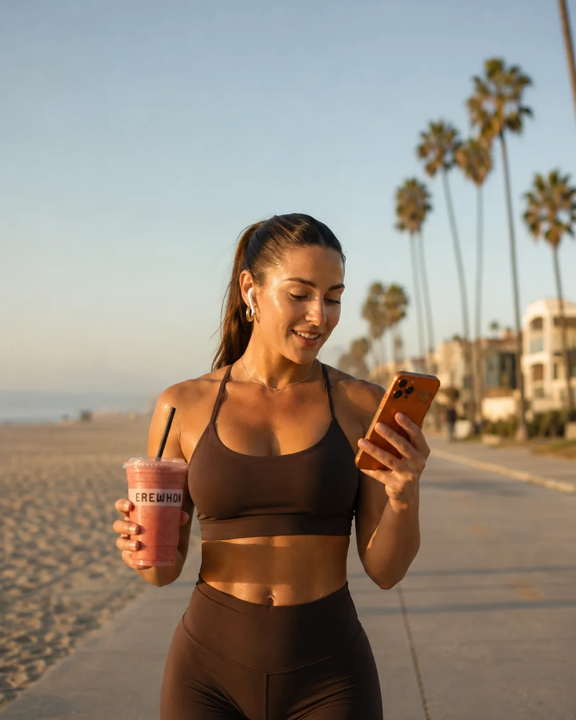 A woman walking the Venice Beach oceanfront path at sunrise, smoothie in one hand, reading her phone