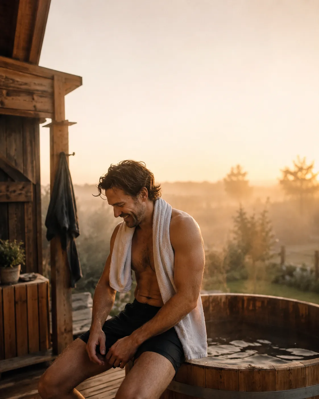 A man sitting on the edge of a cold-plunge tub at sunrise