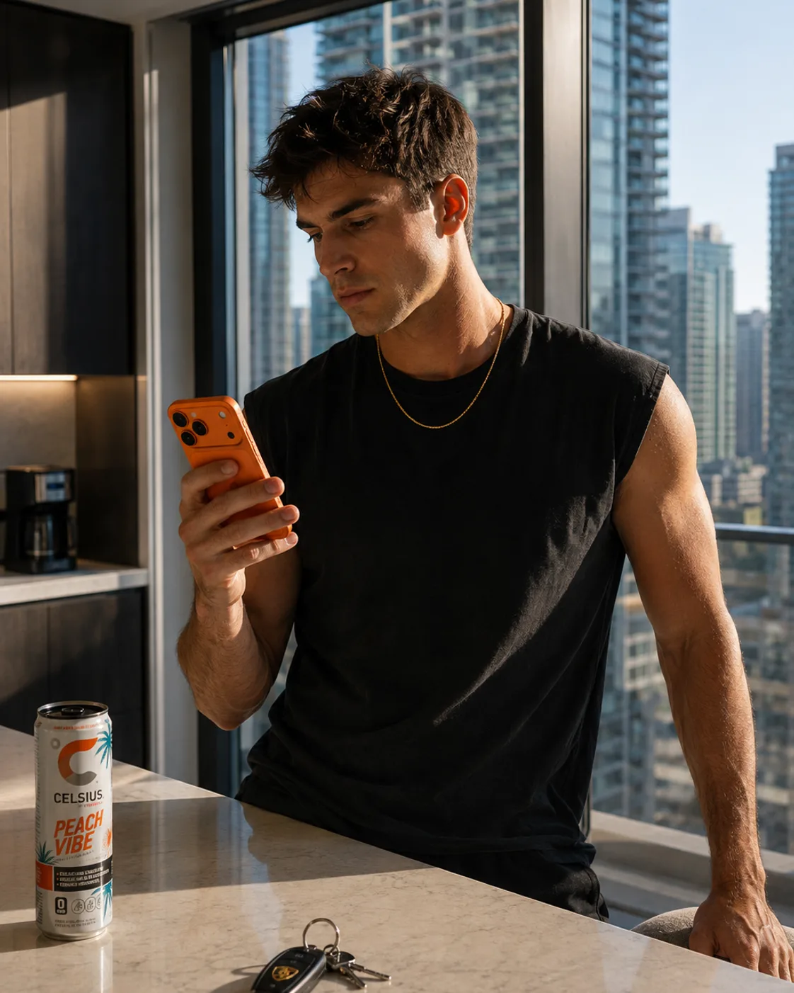 A man leaning on a kitchen counter in warm morning light, reading something on his phone