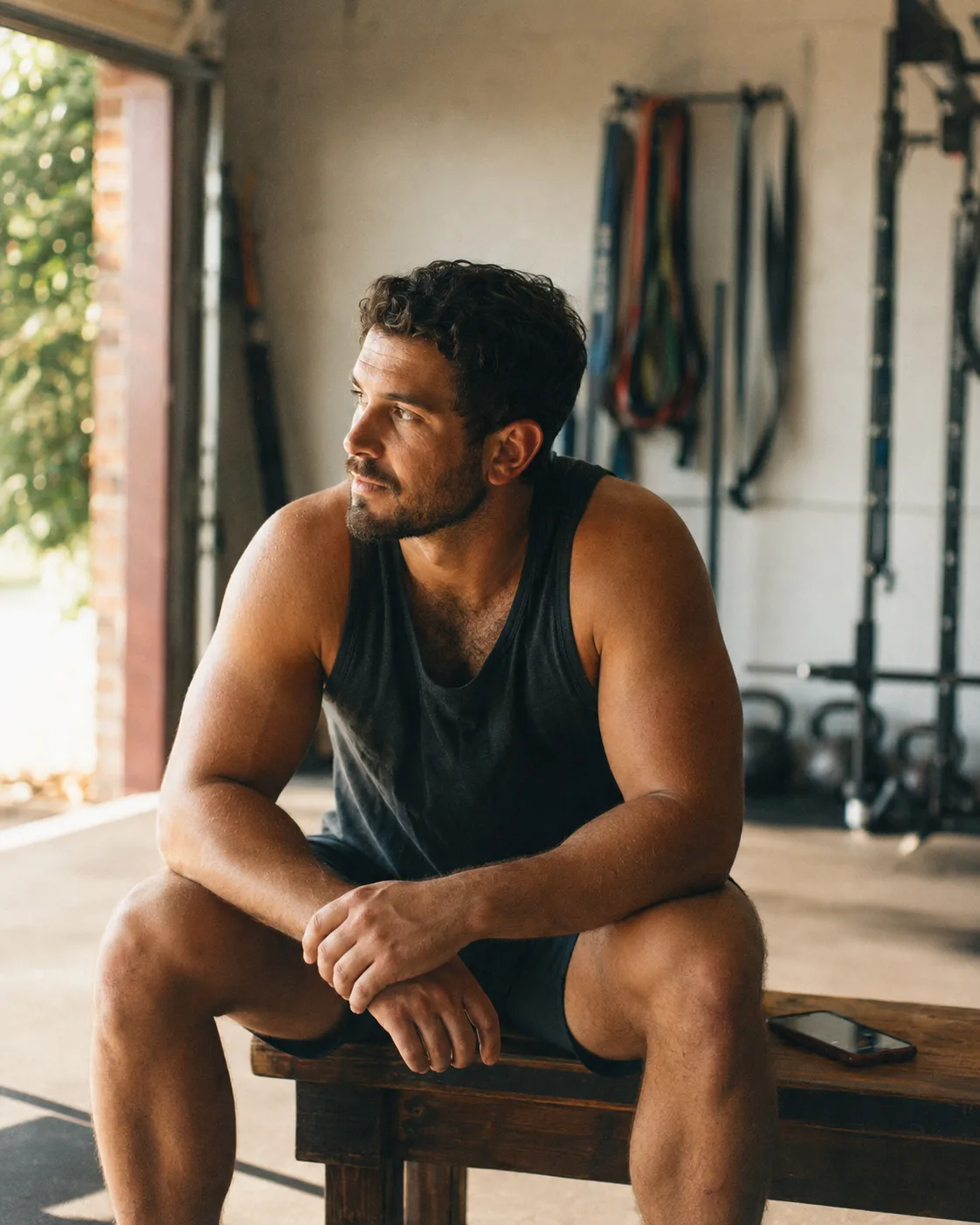 An athlete cooling down on a bench in a sunlit garage gym