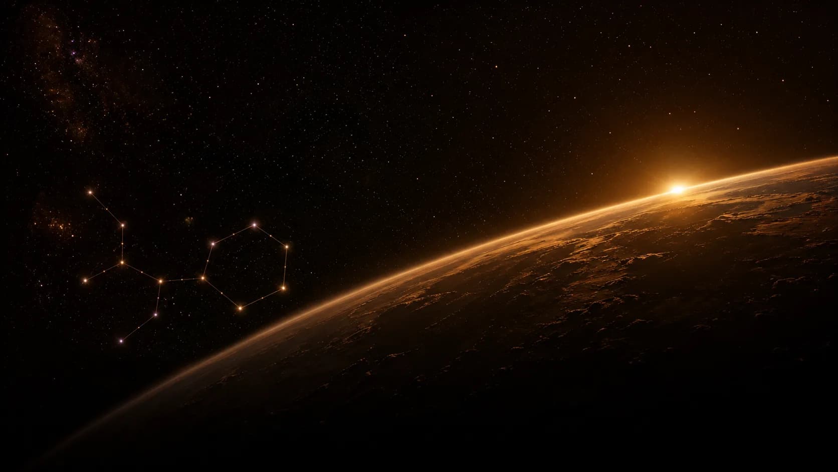 PEP 2.0 release artwork: sunrise breaking over a planet, with a molecule drawn as a constellation in the stars