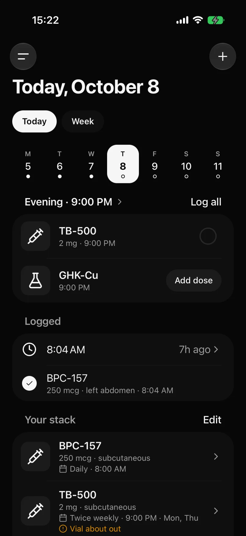 Today in the ChatPEP iPhone app: the week strip, an evening entry still open, a morning entry logged, and the stack beneath.