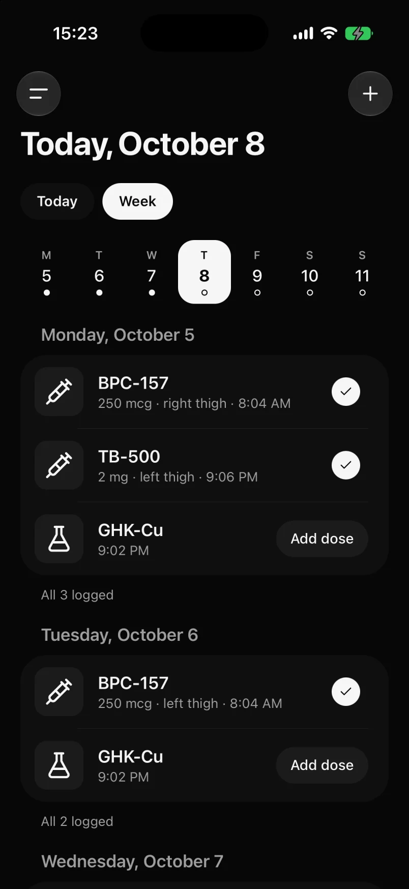 The week view in the ChatPEP iPhone app: each day's entries with a check on every one that was logged.